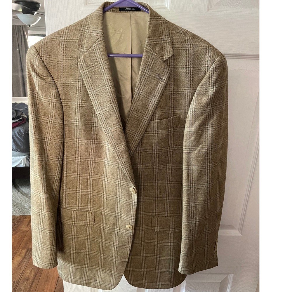 Hart Schaffner Marx 42R Tan Blue Brown Plaid Blazer Pockets still sown shut